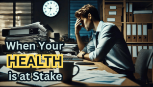 Stressed office worker sitting at a desk with large piles of paperwork, highlighting the impact of work pressure on mental and physical health with the text 'When Your Health is at Stake'.