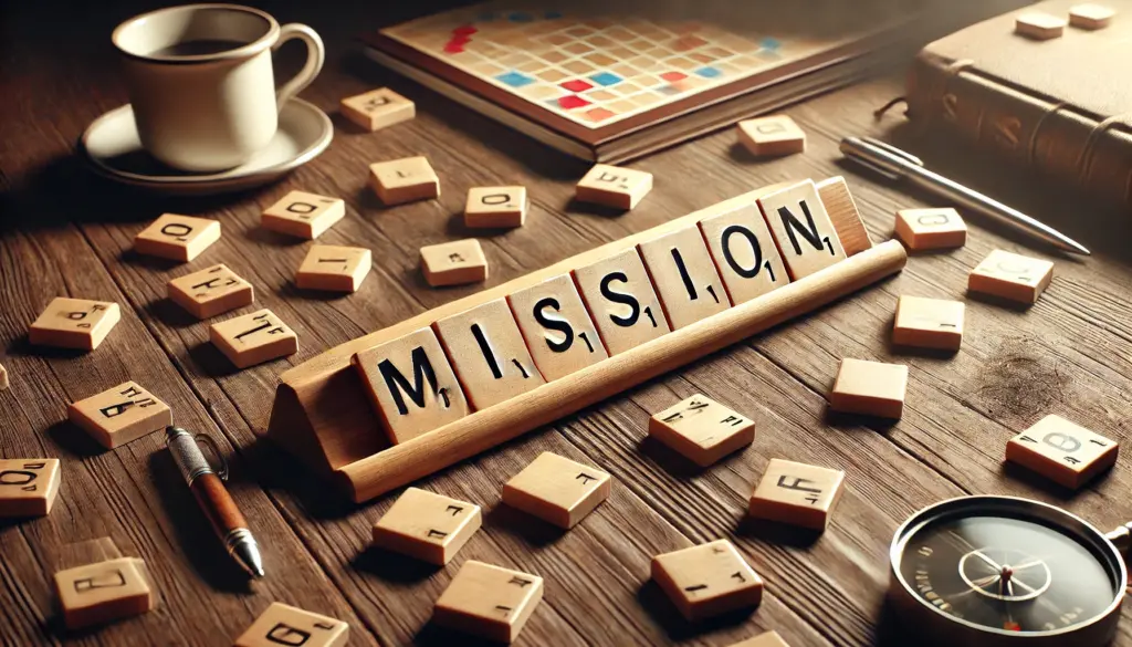 photorealistic image of Scrabble tiles arranged to spell out the word "MISSION" on a wooden desk. The setting is cozy and work-oriented, making it a great visual for your mission statement on the website.