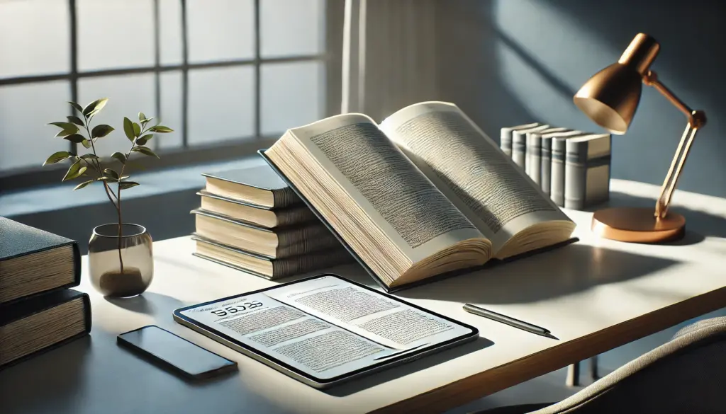 a photorealistic image featuring an open book and a tablet on a modern desk, representing both traditional and digital research methods