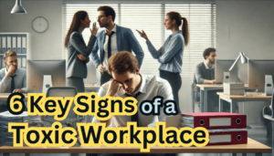 an image illustrating a stressed, isolated worker in a toxic office environment, with unfriendly colleagues in the background.