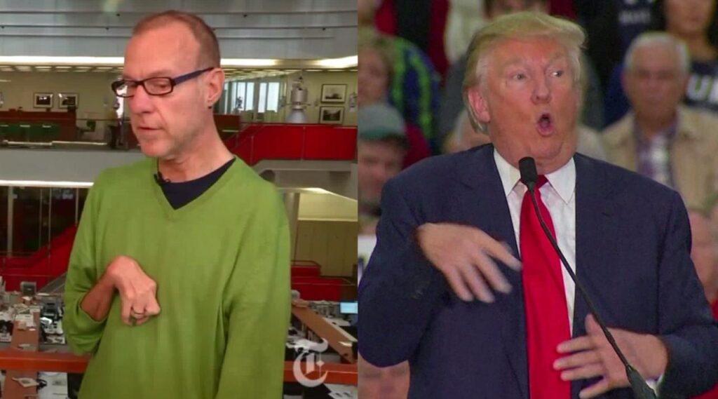 Donald Trump mocking journalist Serge Kovaleski by imitating his physical disability during a campaign rally, compared side-by-side with Kovaleski.